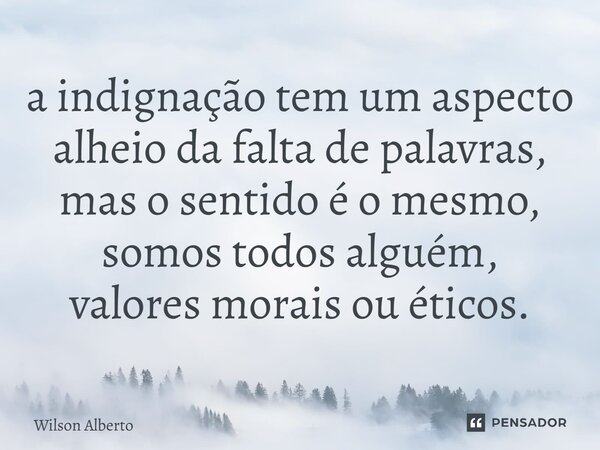 ⁠a indignação tem um aspecto alheio da falta de palavras, mas o sentido é o mesmo, somos todos alguém, valores morais ou éticos.... Frase de Wilson Alberto.