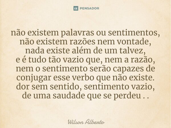 ⁠não existem palavras ou sentimentos, não existem razões nem vontade, nada existe além de um talvez, e é tudo tão vazio que, nem a razão, nem o sentimento serão... Frase de Wilson Alberto.