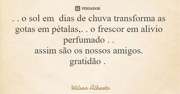 . . o sol em dias de chuva transforma as gotas em pétalas,. . o frescor em alivio perfumado . . assim são os nossos amigos. gratidão .... Frase de Wilson Alberto.