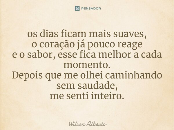⁠os dias ficam mais suaves, o coração já pouco reage e o sabor, esse fica melhor a cada momento. Depois que me olhei caminhando sem saudade, me senti inteiro.... Frase de Wilson Alberto.
