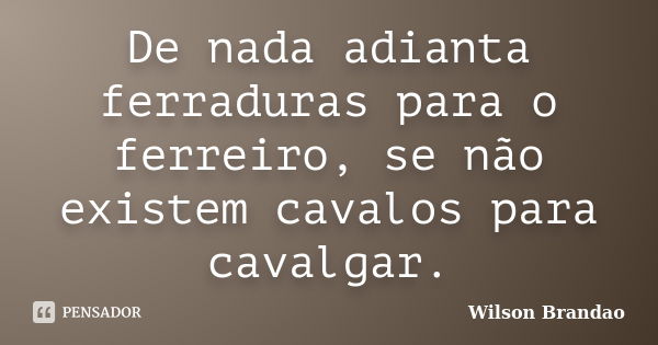 De nada adianta ferraduras para o ferreiro, se não existem cavalos para cavalgar.... Frase de Wilson Brandao.