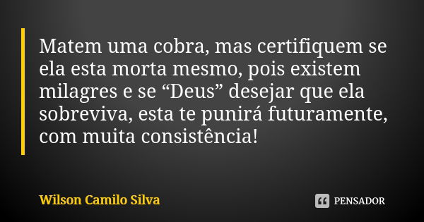 Matem uma cobra, mas certifiquem se ela esta morta mesmo, pois existem milagres e se “Deus” desejar que ela sobreviva, esta te punirá futuramente, com muita con... Frase de Wilson Camilo Silva.