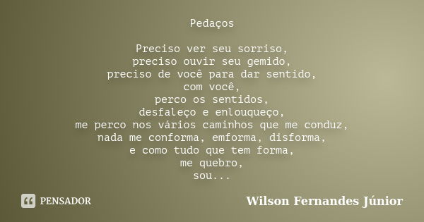 Pedaços Preciso ver seu sorriso, preciso ouvir seu gemido, preciso de você para dar sentido, com você, perco os sentidos, desfaleço e enlouqueço, me perco nos v... Frase de wilson fernandes júnior.