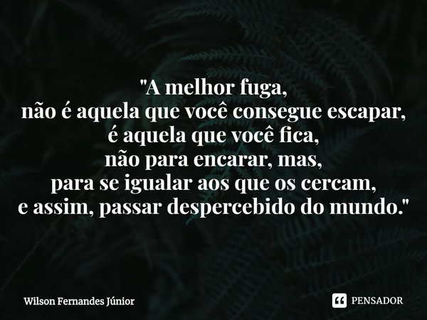 ⁠"A melhor fuga,
não é aquela que você consegue escapar,
é aquela que você fica,
não para encarar, mas,
para se igualar aos que os cercam,
e assim, passar ... Frase de Wilson Fernandes Júnior.