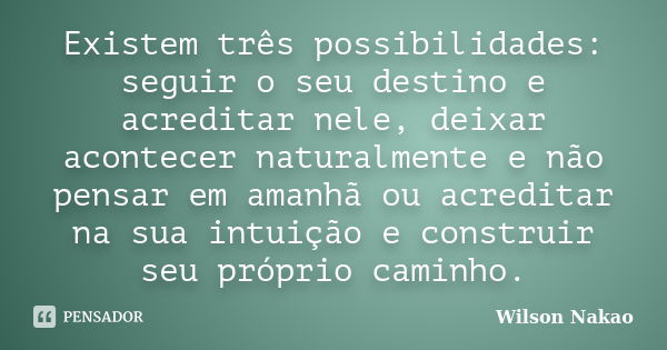 Existem três possibilidades: seguir o seu destino e acreditar nele, deixar acontecer naturalmente e não pensar em amanhã ou acreditar na sua intuição e construi... Frase de Wilson Nakao.