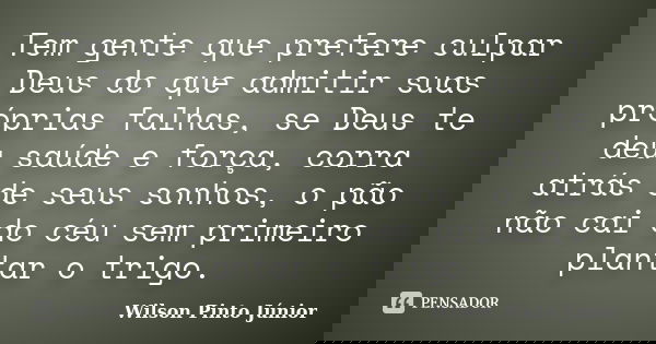 Tem gente que prefere culpar Deus do que admitir suas próprias falhas, se Deus te deu saúde e força, corra atrás de seus sonhos, o pão não cai do céu sem primei... Frase de Wilson Pinto Júnior.