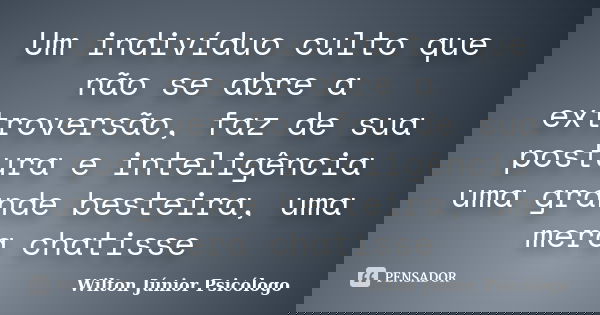 Um indivíduo culto que não se abre a extroversão, faz de sua postura e inteligência uma grande besteira, uma mera chatisse... Frase de Wilton Júnior Psicólogo.