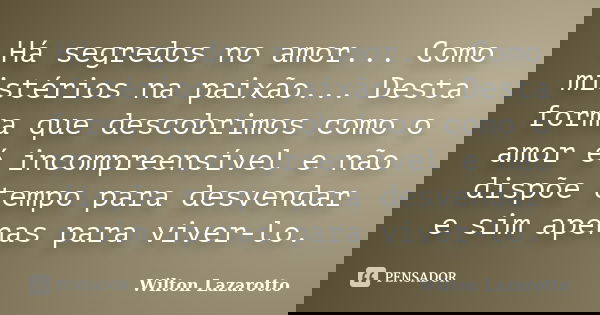 Há segredos no amor... Como mistérios na paixão... Desta forma que descobrimos como o amor é incompreensível e não dispõe tempo para desvendar e sim apenas para... Frase de Wilton Lazarotto.