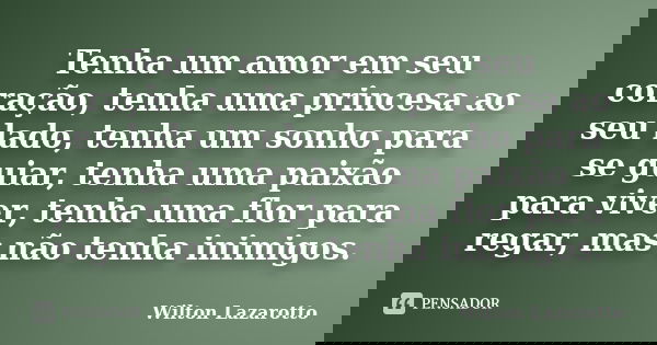 Tenha um amor em seu coração, tenha uma princesa ao seu lado, tenha um sonho para se guiar, tenha uma paixão para viver, tenha uma flor para regar, mas não tenh... Frase de Wilton Lazarotto.