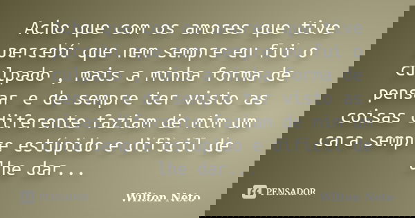 Acho que com os amores que tive percebí que nem sempre eu fui o culpado , mais a minha forma de pensar e de sempre ter visto as coisas diferente faziam de mim u... Frase de Wilton Neto.