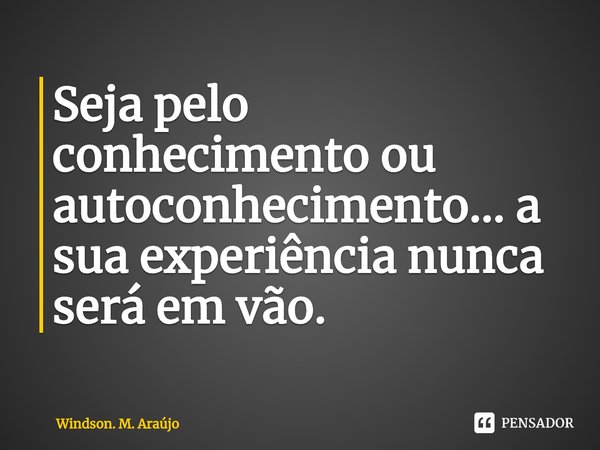 ⁠Seja pelo conhecimento ou autoconhecimento... a sua experiência nunca será em vão.... Frase de Windson. M. Araújo.