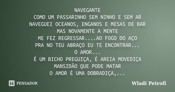 NAVEGANTE COMO UM PASSARINHO SEM NINHO E SEM AR NAVEGUEI OCEANOS, ENGANOS E MESAS DE BAR MAS NOVAMENTE A MENTE ME FEZ REGRESSAR....AO FOGO DO AÇO PRA NO TEU ABR... Frase de WLADI PETROFI.