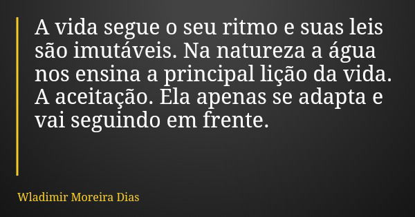 A vida segue o seu ritmo e suas leis são imutáveis. Na natureza a água nos ensina a principal lição da vida. A aceitação. Ela apenas se adapta e vai seguindo em... Frase de Wladimir Moreira Dias.
