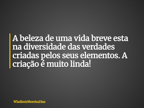 A beleza de uma vida breve esta na diversidade das verdades criadas pelos seus elementos. A criação é muito linda!... Frase de WladimirMoreiraDias.