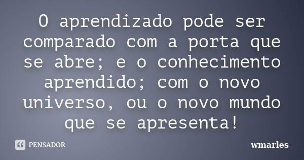 O aprendizado pode ser comparado com a porta que se abre; e o conhecimento aprendido; com o novo universo, ou o novo mundo que se apresenta!... Frase de wmarles.