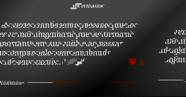 As vezes conhecemos pessoas que as vezes vc não imaginaria que se tornaria tão importante em sua vida e ao passar de alguns tempos elas vem enchendo alguns de s... Frase de Wnretiano.