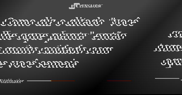 Como diz o ditado "você colhe oque planta" então tome muito cuidado com oque você semeia... Frase de Wolfmaker.