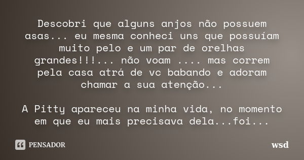 Descobri que alguns anjos não possuem asas... eu mesma conheci uns que possuíam muito pelo e um par de orelhas grandes!!!... não voam .... mas correm pela casa ... Frase de wsd.