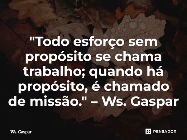 ⁠"Todo esforço sem propósito se chama trabalho; quando há propósito, é chamado de missão." – Ws. Gaspar... Frase de Ws. Gaspar.