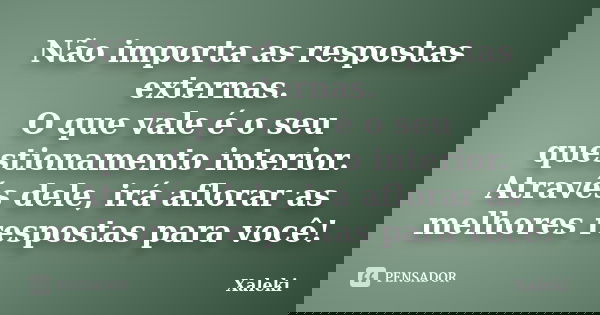 Não importa as respostas externas. O que vale é o seu questionamento interior. Através dele, irá aflorar as melhores respostas para você!... Frase de Xaleki.