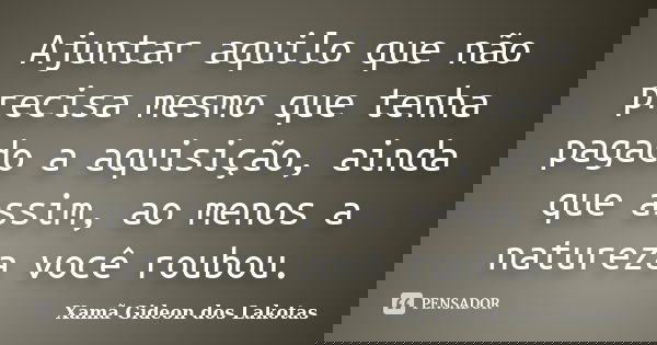 Ajuntar aquilo que não precisa mesmo que tenha pagado a aquisição, ainda que assim, ao menos a natureza você roubou.... Frase de Xamã Gideon dos Lakotas.