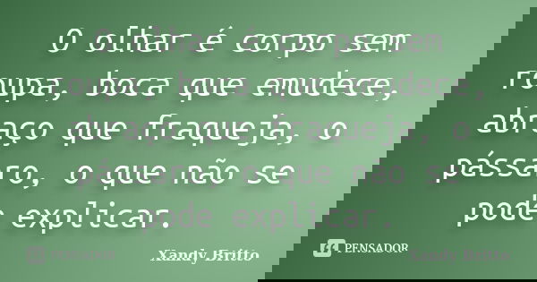 O olhar é corpo sem roupa, boca que emudece, abraço que fraqueja, o pássaro, o que não se pode explicar.... Frase de Xandy Britto.