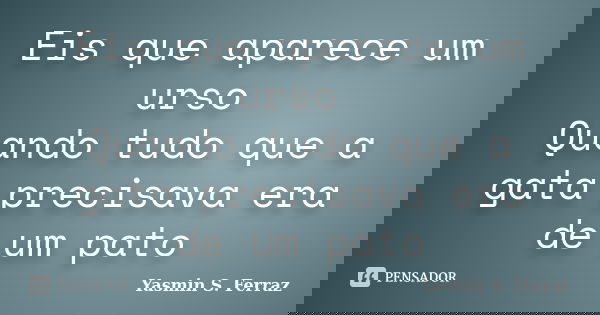 Eis que aparece um urso Quando tudo que a gata precisava era de um pato... Frase de Yasmin S. Ferraz.