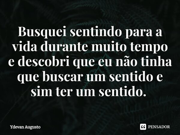 Busquei sentindo para a vida durante muito tempo e descobri que eu não tinha que buscar um sentido e sim ter um sentido. ⁠... Frase de Ydevan Augusto.
