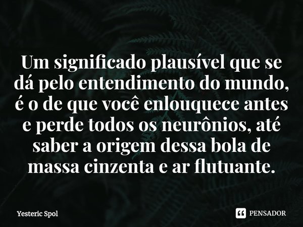 Um significado plausível que se dá pelo entendimento do mundo, é o de que você enlouquece antes e perde todos os neurônios, até saber a origem dessa bola de mas... Frase de Yesteric Spol.
