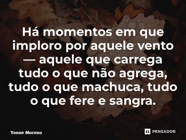 ⁠Há momentos em que imploro por aquele vento — aquele que carrega tudo o que não agrega, tudo o que machuca, tudo o que fere e sangra.... Frase de Yonne Moreno.