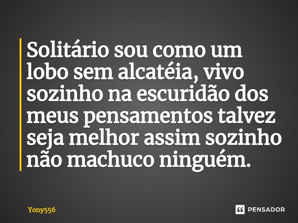 Solitário sou como um lobo sem alcatéia, vivo sozinho na escuridão dos meus pensamentos talvez seja melhor assim sozinho não machuco ninguém.⁠... Frase de Yony556.