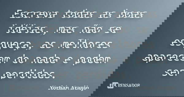 Escreva todas as boas idéias, mas não se esqueça, as melhores aparecem do nada e podem ser perdidas.... Frase de Yorhán Araújo.