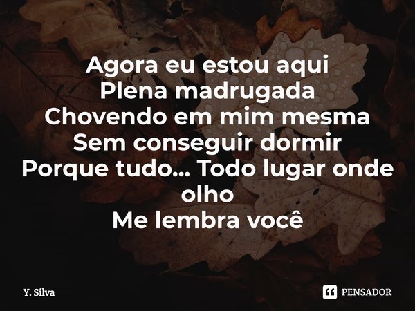 ⁠Agora eu estou aqui
Plena madrugada
Chovendo em mim mesma
Sem conseguir dormir
Porque tudo... Todo lugar onde olho
Me lembra você... Frase de Y. Silva.