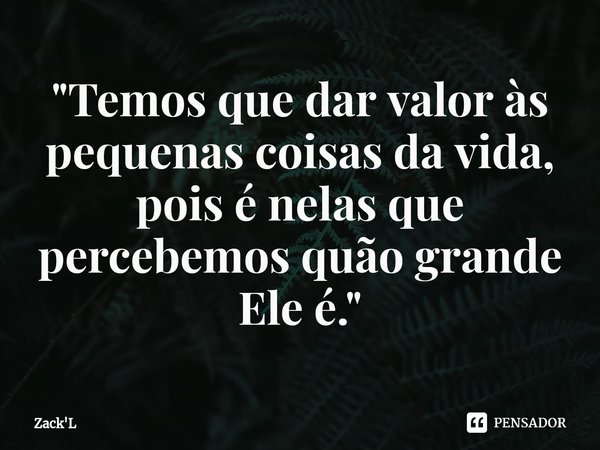 ⁠"Temos que dar valor às pequenas coisas da vida, pois é nelas que percebemos quão grande Ele é."... Frase de Zack'L.