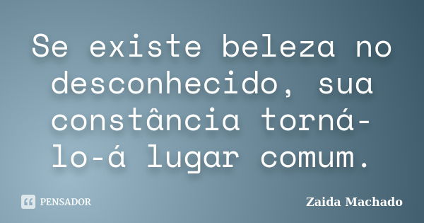 Se existe beleza no desconhecido, sua constância torná-lo-á lugar comum.... Frase de Zaida Machado.