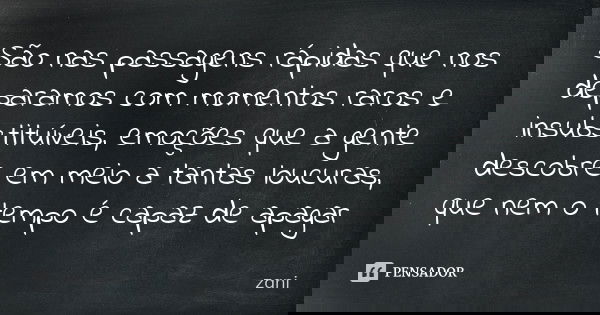 São nas passagens rápidas que nos deparamos com momentos raros e insubstituíveis, emoções que a gente descobre em meio a tantas loucuras, que nem o tempo é capa... Frase de zani.