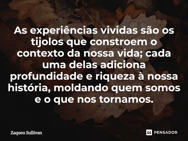 ⁠As experiências vividas são os tijolos que constroem o contexto da nossa vida; cada uma delas adiciona profundidade e riqueza à nossa história, moldando quem s... Frase de Zaqueu Sullivan.