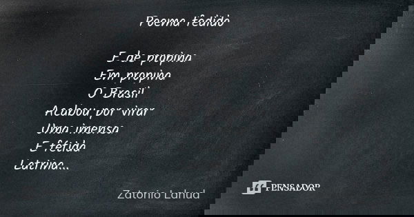 Poema fedido E de propina Em propina O Brasil Acabou por virar Uma imensa E fétida Latrina...... Frase de Zatonio Lahud.