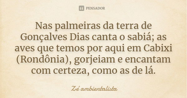 Nas palmeiras da terra de Gonçalves Dias canta o sabiá; as aves que temos por aqui em Cabixi (Rondônia), gorjeiam e encantam com certeza, como as de lá.... Frase de Zé ambientalista.