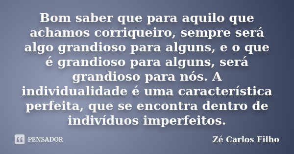 Bom saber que para aquilo que achamos corriqueiro, sempre será algo grandioso para alguns, e o que é grandioso para alguns, será grandioso para nós. A individua... Frase de Zé Carlos Filho.