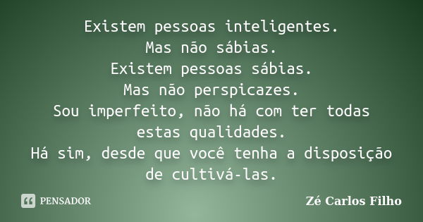 Existem pessoas inteligentes. Mas não sábias. Existem pessoas sábias. Mas não perspicazes. Sou imperfeito, não há com ter todas estas qualidades. Há sim, desde ... Frase de Zé Carlos Filho.