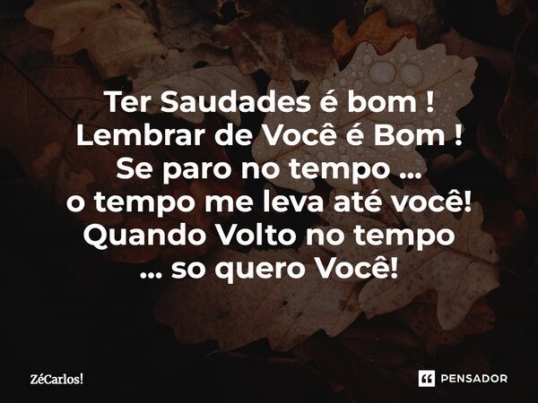 ⁠Ter Saudades é bom ! Lembrar de Você é Bom ! Se paro no tempo ... o tempo me leva até você! Quando Volto no tempo ... so quero Você!... Frase de ZéCarlos!.