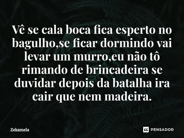 Vê se cala boca fica esperto no bagulho,se ficar dormindo vai levar um murro,eu não tô rimando de brincadeira se duvidar depois da batalha ira cair que nem made... Frase de Zekamela.