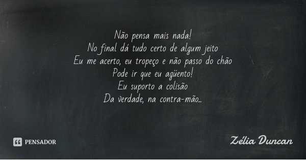 Não pensa mais nada!
No final dá tudo certo de algum jeito
Eu me acerto, eu tropeço e não passo do chão
Pode ir que eu agüento!
Eu suporto a colisão
Da verdade,... Frase de Zélia Duncan.