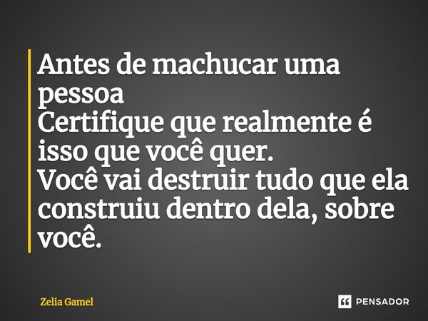 ⁠Antes de machucar uma pessoa Certifique que realmente é isso que você quer. Você vai destruir tudo que ela construiu dentro dela, sobre você.... Frase de Zelia Gamel.