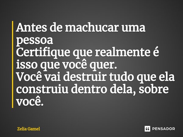 ⁠Antes de machucar uma pessoa Certifique que realmente é isso que você quer. Você vai destruir tudo que ela construiu dentro dela, sobre você.... Frase de Zelia Gamel.