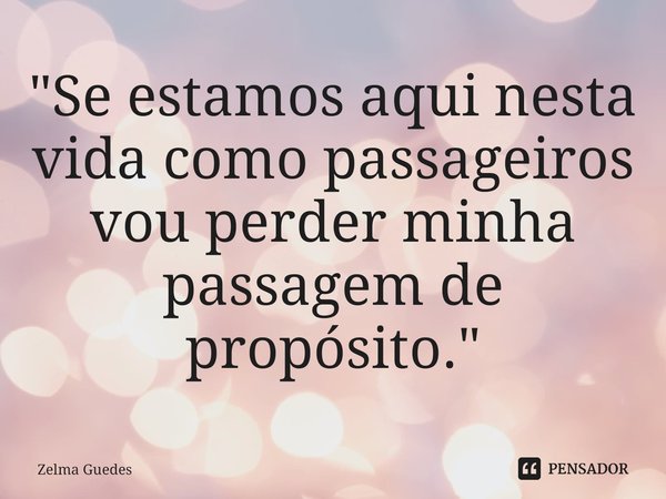 "Se estamos aqui nesta vida como passageiros vou perder minha passagem de propósito."... Frase de Zelma Guedes.