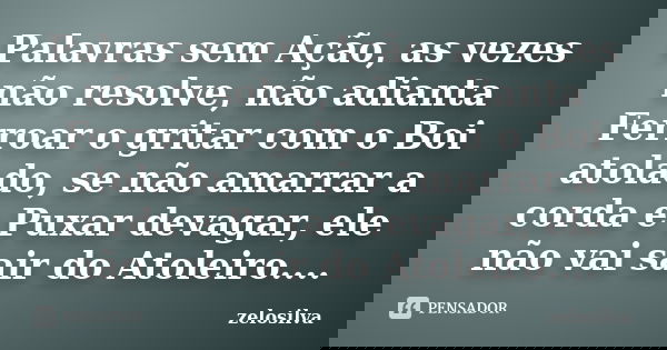 Palavras sem Ação, as vezes não resolve, não adianta Ferroar o gritar com o Boi atolado, se não amarrar a corda e Puxar devagar, ele não vai sair do Atoleiro...... Frase de zelosilva.