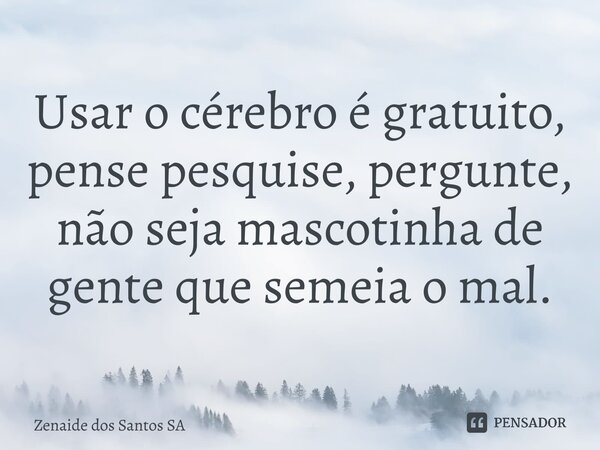 ⁠Usar o cérebro é gratuito, pense pesquise, pergunte, não seja mascotinha de gente que semeia o mal.... Frase de Zenaide dos Santos SA.