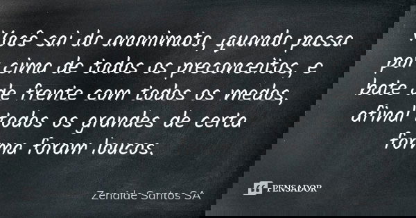 Você sai do anonimato, quando passa por cima de todos os preconceitos, e bate de frente com todos os medos, afinal todos os grandes de certa forma foram loucos.... Frase de Zenaide Santos SA.